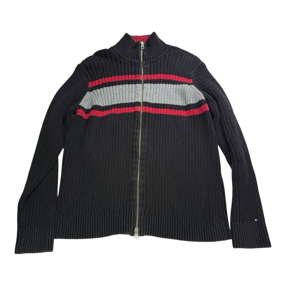 Tommy Hilfiger Men's Medium Full Zip Ribbed Sweater Black Red Gray Stripe